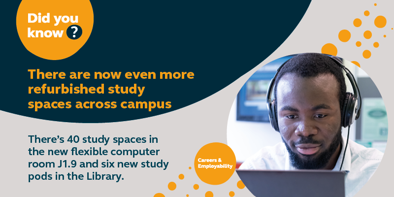 Did you know? There are now even more study spaces across campus. There's 40 study spaces in the new flexible computer room J1.9 and six new study pods in the Library