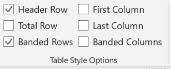 Header row checked for a table