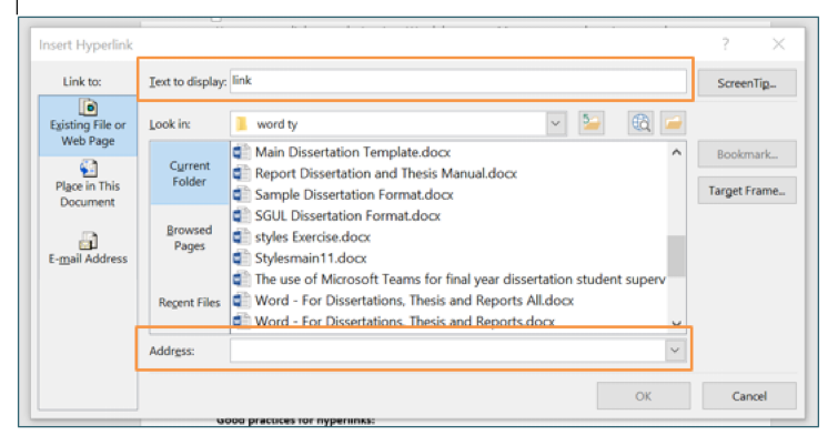 PowerPoint insert link dialogue box