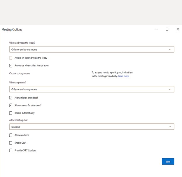 Outlook meeting options window