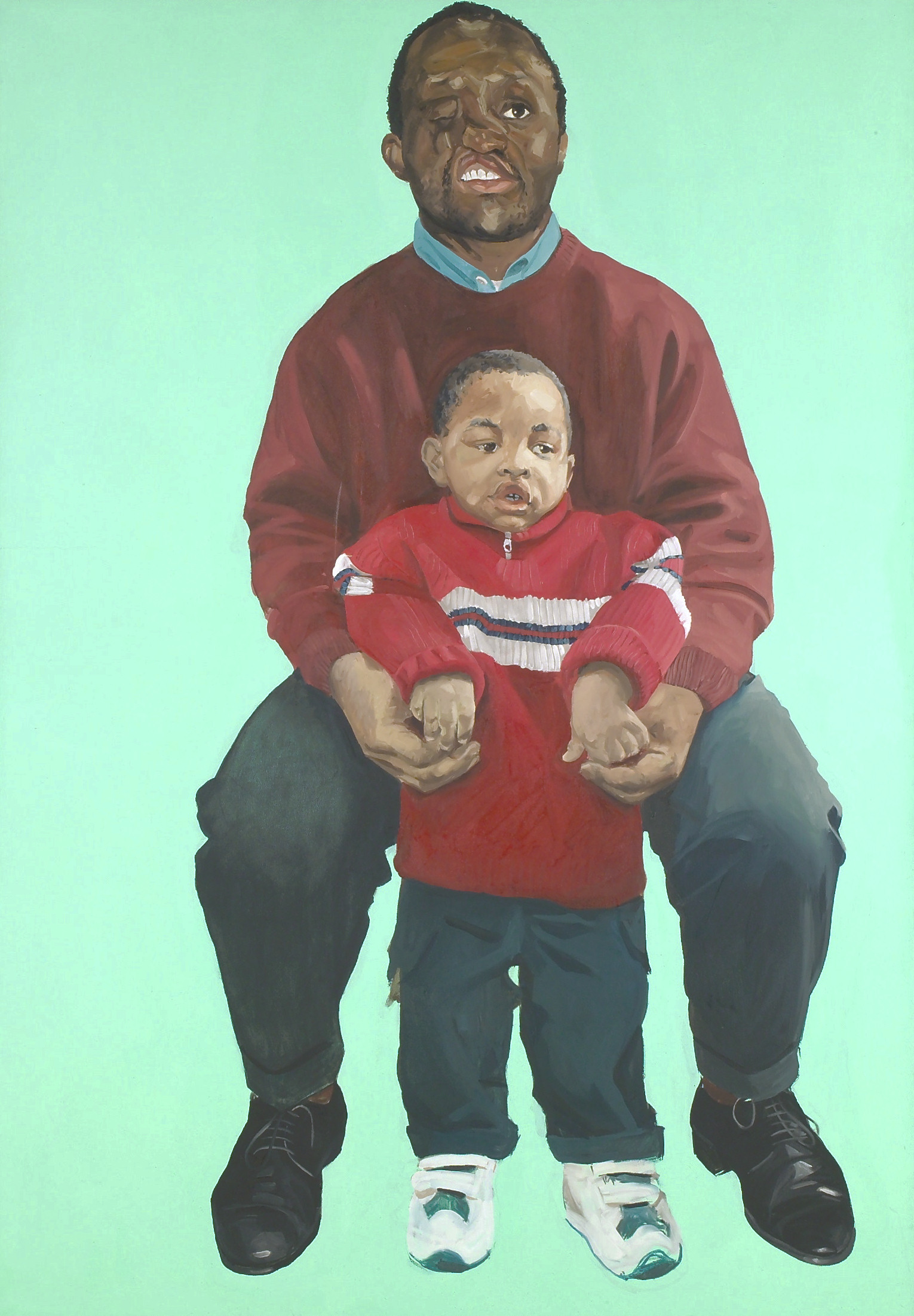 A painting of a man holding a child. The man has a facial desfigurement.