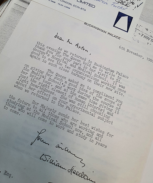 Letter of thanks from Buckingham Palace following the Queen's visit in 1980.