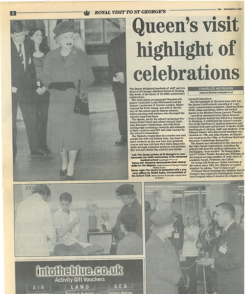 Newspaper clipping showing Queen Elizabeth II's visit to St George's in 2002.